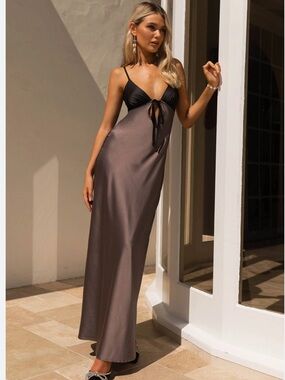 Peppermayo Black and Taupe Satin Maxi Dress